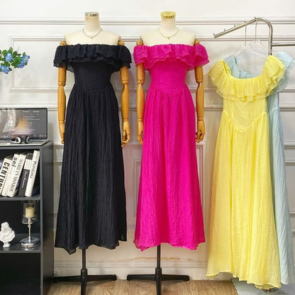 Short-Sleeve Off Shoulder Plain Ruffle Trim Maxi A-Line Dress