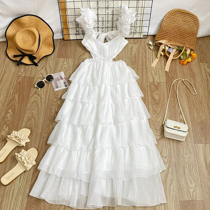 Sleeveless Square Neck Plain Cutout Tiered Maxi Dress
