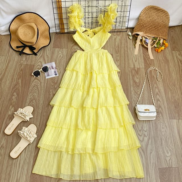 Sleeveless Square Neck Plain Cutout Tiered Maxi Dress
