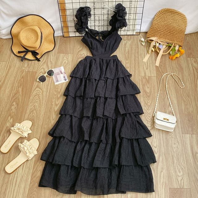 Sleeveless Square Neck Plain Cutout Tiered Maxi Dress
