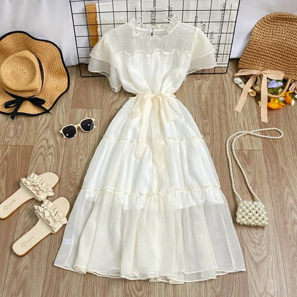 Short-Sleeve Round Neck Plain Ruffle Trim Maxi A-Line Dress