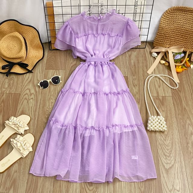 Short-Sleeve Round Neck Plain Ruffle Trim Maxi A-Line Dress