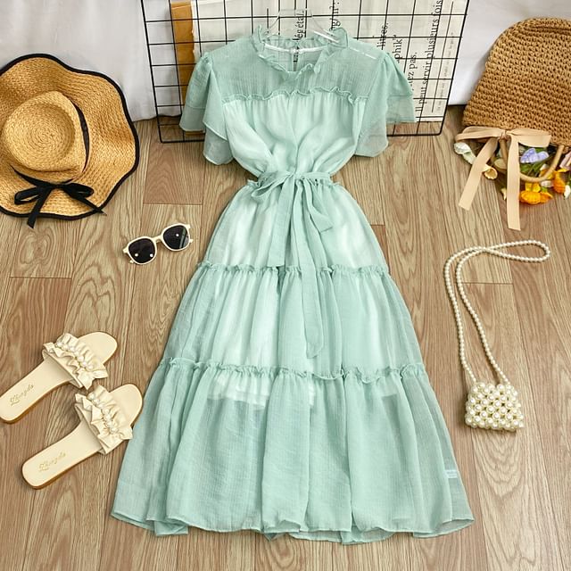 Short-Sleeve Round Neck Plain Ruffle Trim Maxi A-Line Dress