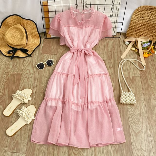 Short-Sleeve Round Neck Plain Ruffle Trim Maxi A-Line Dress