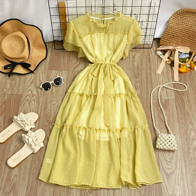 Short-Sleeve Round Neck Plain Ruffle Trim Maxi A-Line Dress