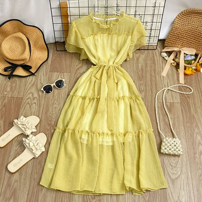 Short-Sleeve Round Neck Plain Ruffle Trim Maxi A-Line Dress