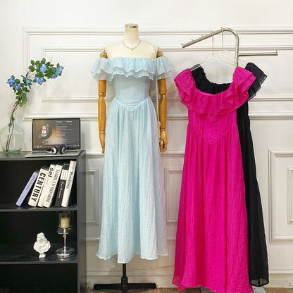 Short-Sleeve Off Shoulder Plain Ruffle Trim Maxi A-Line Dress