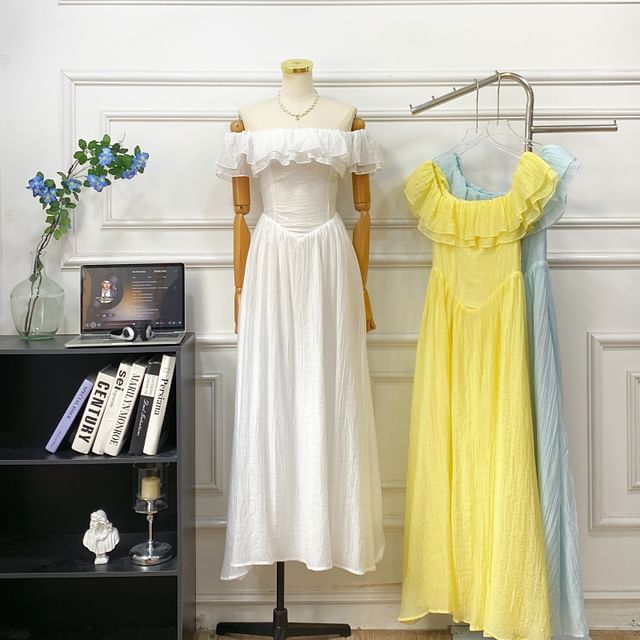 Short-Sleeve Off Shoulder Plain Ruffle Trim Maxi A-Line Dress