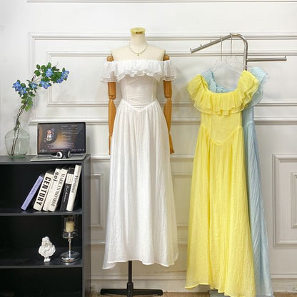 Short-Sleeve Off Shoulder Plain Ruffle Trim Maxi A-Line Dress