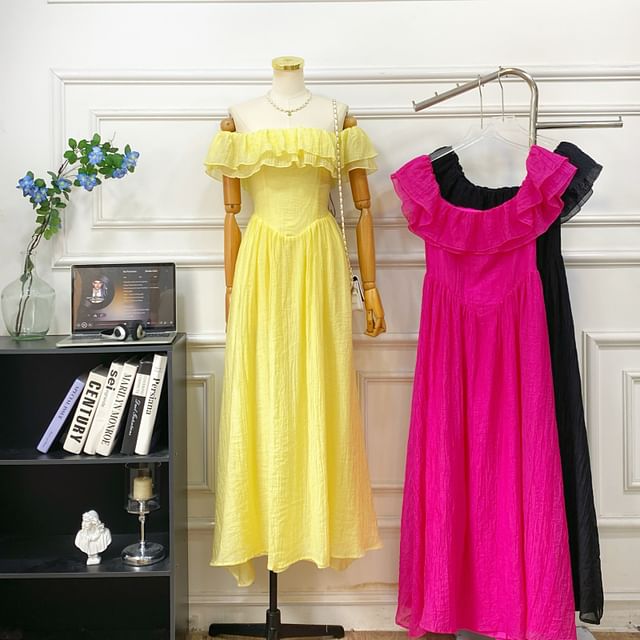 Short-Sleeve Off Shoulder Plain Ruffle Trim Maxi A-Line Dress