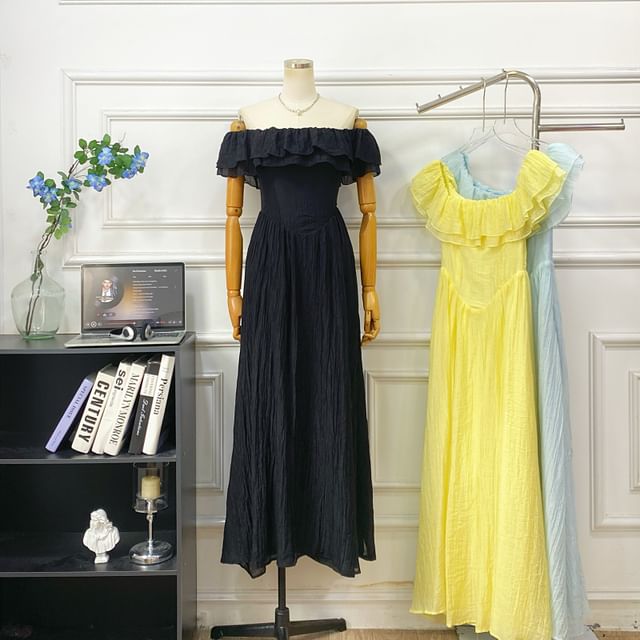 Short-Sleeve Off Shoulder Plain Ruffle Trim Maxi A-Line Dress