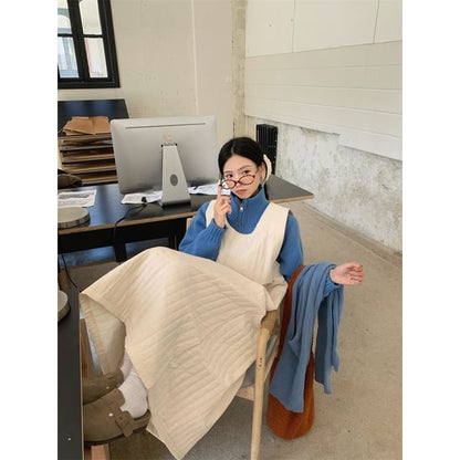 Turtleneck Plain Sweater / Sleeveless Ribbed Maxi A-Line Dress