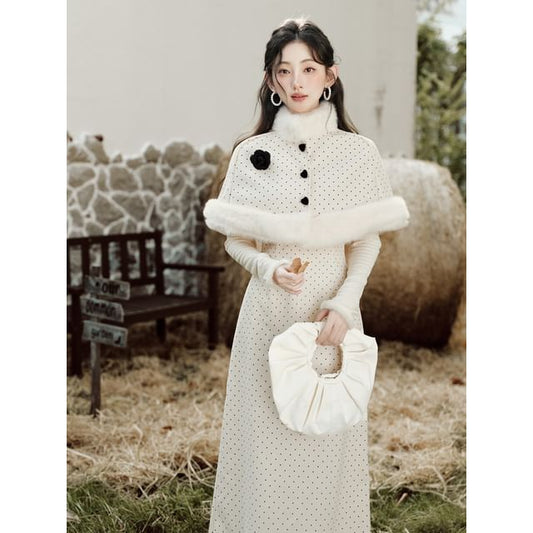 Long Sleeve Mock Neck Dotted Mock Two Piece Maxi A-Line Dress / Stand Collar Panel Faux Fur Button Capelet