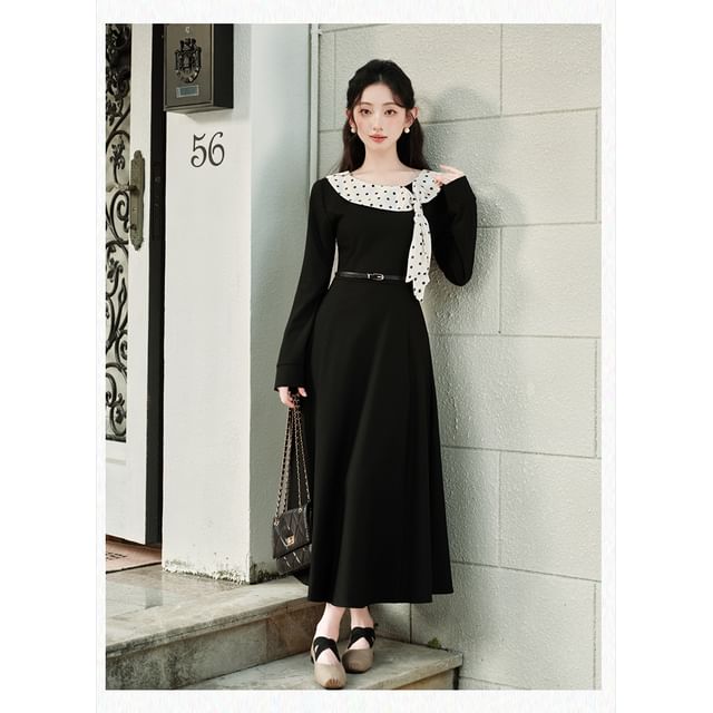 Set: Long Sleeve Round Neck Dotted Panel Maxi A-Line Dress + Belt