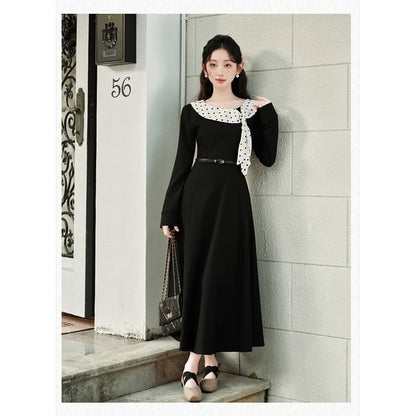 Set: Long Sleeve Round Neck Dotted Panel Maxi A-Line Dress + Belt
