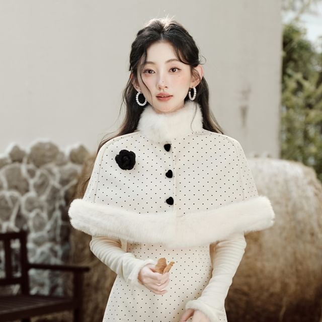 Long Sleeve Mock Neck Dotted Mock Two Piece Maxi A-Line Dress / Stand Collar Panel Faux Fur Button Capelet