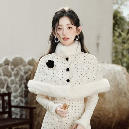 Long Sleeve Mock Neck Dotted Mock Two Piece Maxi A-Line Dress / Stand Collar Panel Faux Fur Button Capelet