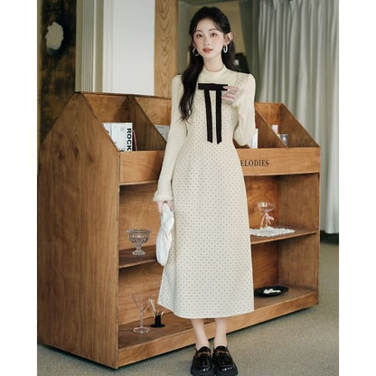 Long Sleeve Mock Neck Dotted Mock Two Piece Maxi A-Line Dress / Stand Collar Panel Faux Fur Button Capelet