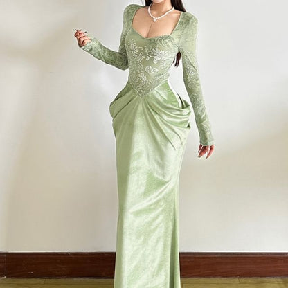 Long-Sleeve Jacquard Ruched Maxi Sheath Dress