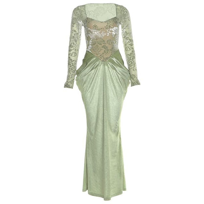 Long-Sleeve Jacquard Ruched Maxi Sheath Dress