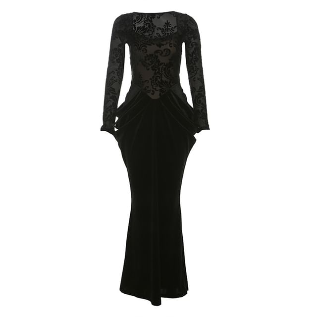 Long-Sleeve Jacquard Ruched Maxi Sheath Dress