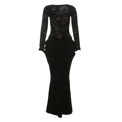 Long-Sleeve Jacquard Ruched Maxi Sheath Dress