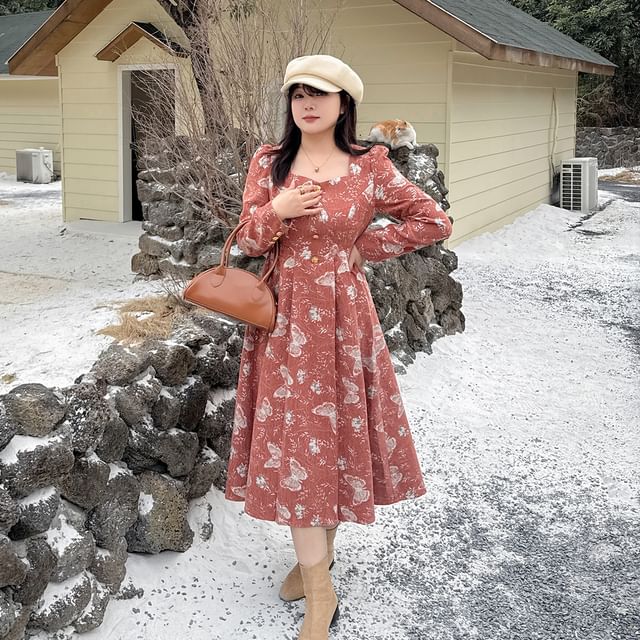 Long-Sleeve Butterfly Embroidered Midi A-Line Dress