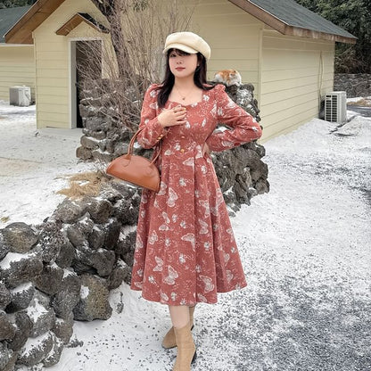 Long-Sleeve Butterfly Embroidered Midi A-Line Dress