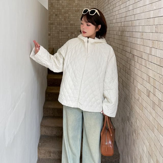 Stand Collar Plain Hooded Quilted Zip Jacket