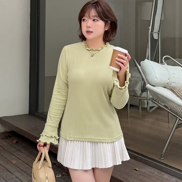 Long-Sleeve Crew Neck Plain Lettuce Edge T-Shirt