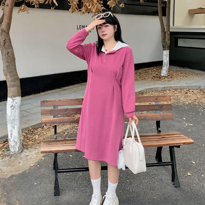 Long-Sleeve Henley Two Tone Lace Panel Hooded Midi A-Line Dress