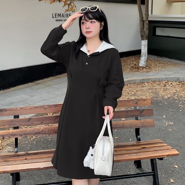 Long-Sleeve Henley Two Tone Lace Panel Hooded Midi A-Line Dress