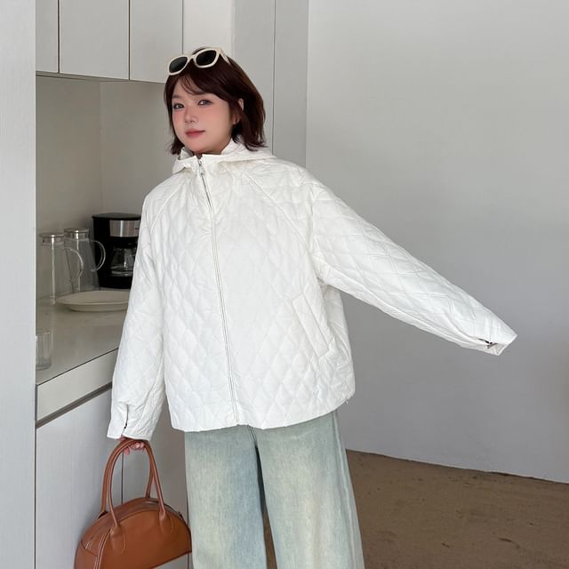 Stand Collar Plain Hooded Quilted Zip Jacket