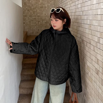 Stand Collar Plain Hooded Quilted Zip Jacket