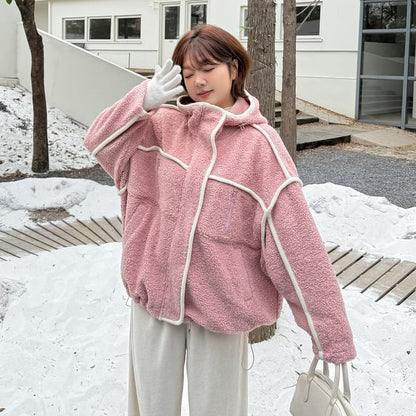 Contrast Trim Hooded Fleece Zip Jacket