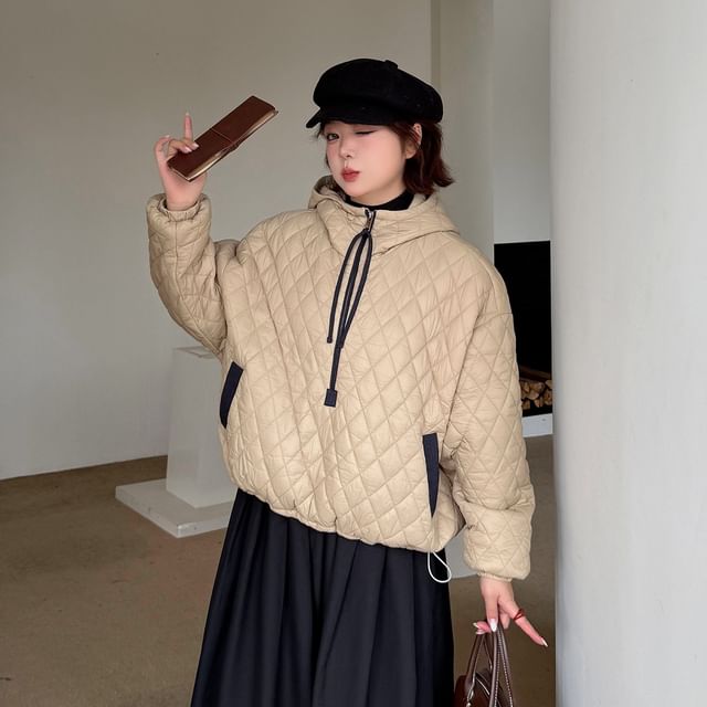 Stand Collar Hooded Quilted Zip Jacket