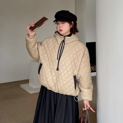 Stand Collar Hooded Quilted Zip Jacket