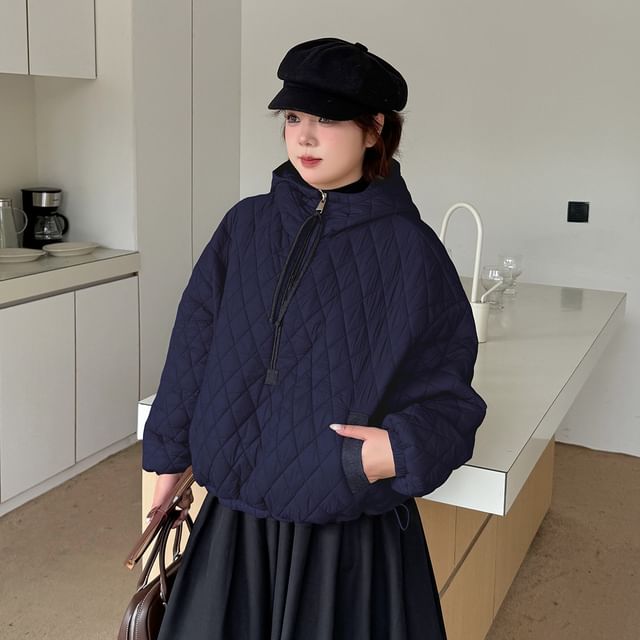 Stand Collar Hooded Quilted Zip Jacket