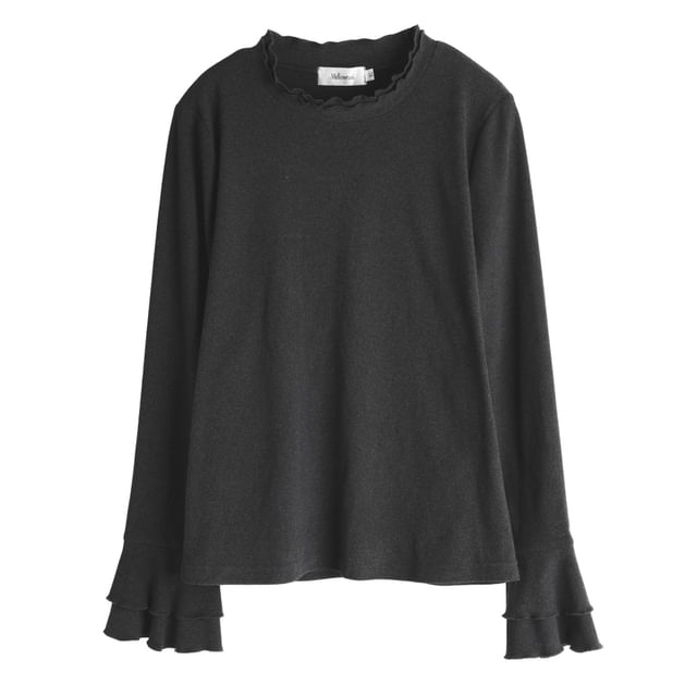 Long-Sleeve Crew Neck Plain Lettuce Edge T-Shirt