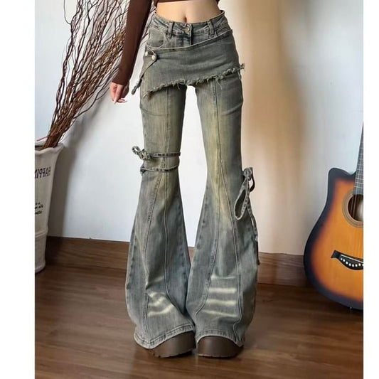 Washed Bell Bottom Jeans with Overlay Skirt