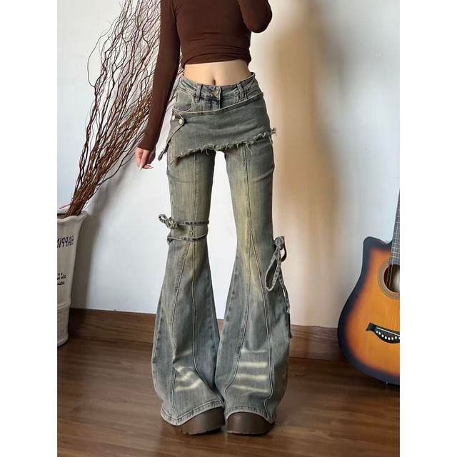 Washed Bell Bottom Jeans with Overlay Skirt