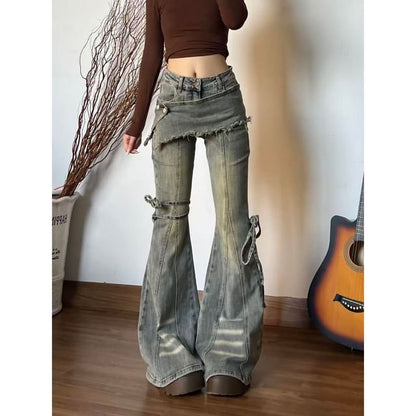 Washed Bell Bottom Jeans with Overlay Skirt