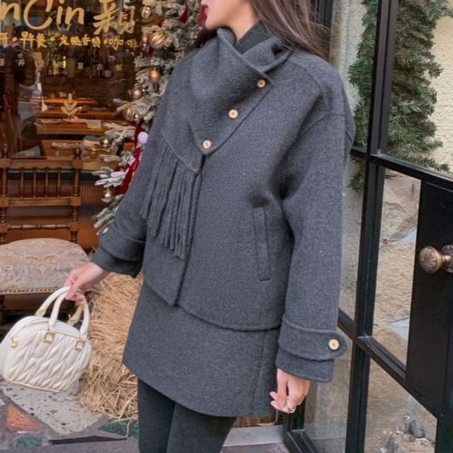 Button Wool Jacket - High Waist Mini A-Line Skirt