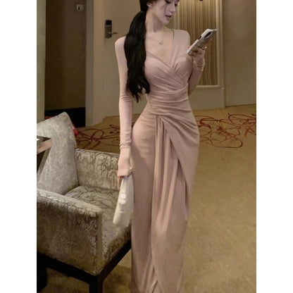 Long Sleeve V-Neck Plain Ruched Slit Maxi Sheath Wrap Dress