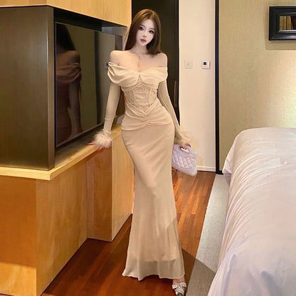 Long-Sleeve Off-Shoulder Lace Panel Fluffy Cuff Maxi Mermaid Dress