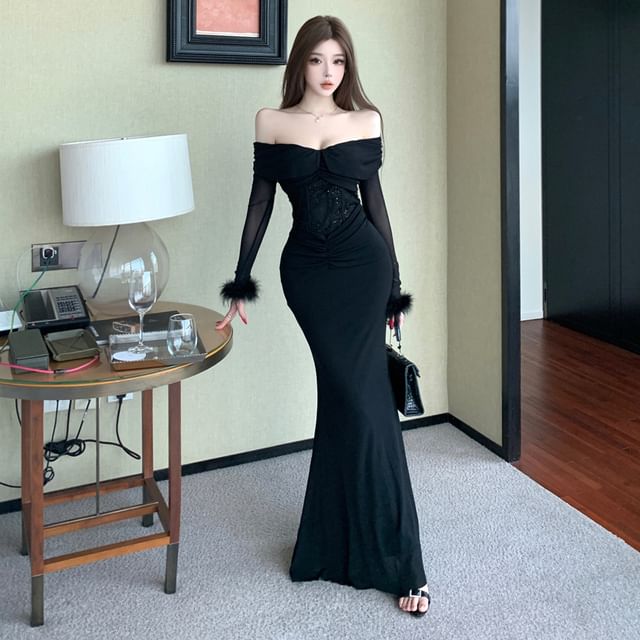 Long-Sleeve Off-Shoulder Lace Panel Fluffy Cuff Maxi Mermaid Dress