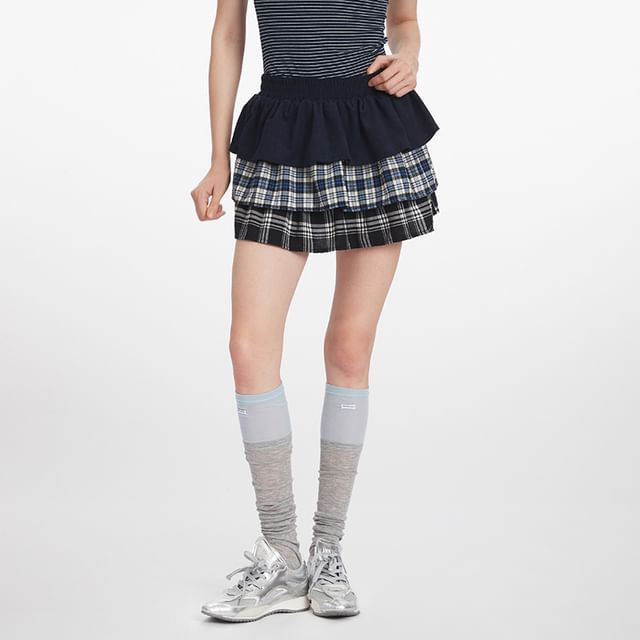 Plaid Panel Layered Mini A-Line Skirt - High Waist