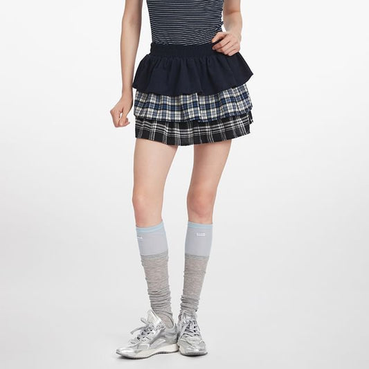 Plaid Panel Layered Mini A-Line Skirt - High Waist