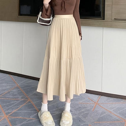 Accordion Pleated Midi A-Line Skirt - High Waist