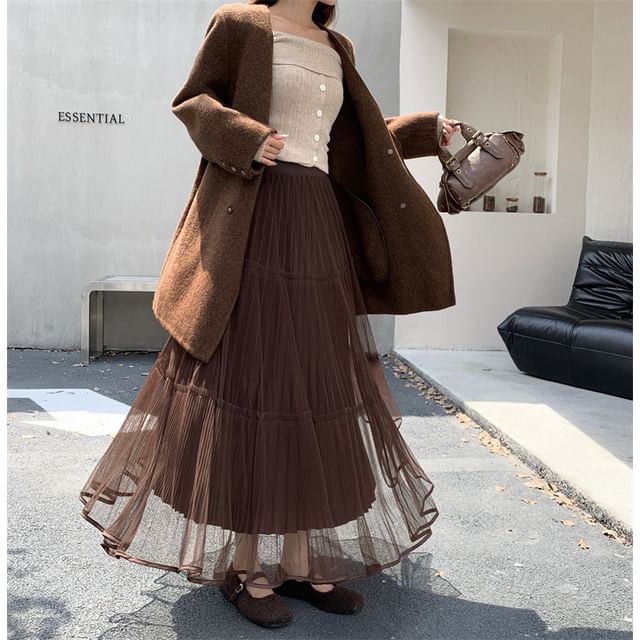 Mesh Panel Maxi A-Line Skirt - High Rise